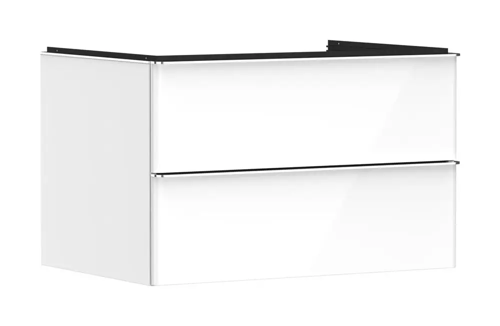 Weißer Waschtischunterschrank mit zwei Schubkästen, hergestellt von Hansgrohe, ohne sichtbare Befestigungen, für den Einsatz mit einem Aufsatzwaschtisch.